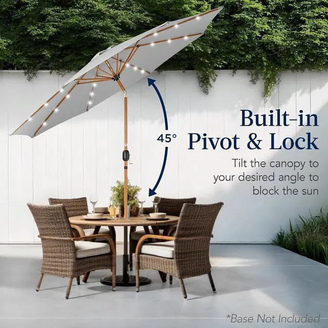 Alt view image 5 of 7 - 10ft Solar Market Patio Umbrella w/Woodgrain Pattern Pole, LED Lights, Tilt & Crank - Outdoor Sun Shade for Backyard Table, Deck, Poolside - Fog Gray