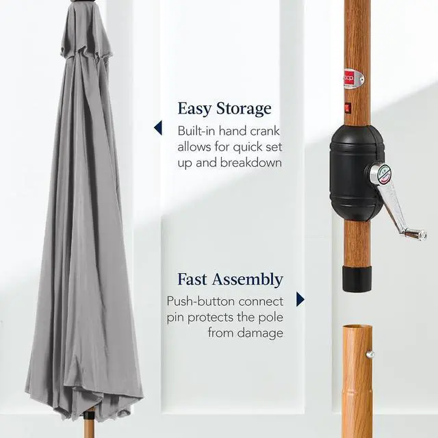 Alt view image 7 of 7 - 10ft Solar Market Patio Umbrella w/Woodgrain Pattern Pole, LED Lights, Tilt & Crank - Outdoor Sun Shade for Backyard Table, Deck, Poolside - Fog Gray