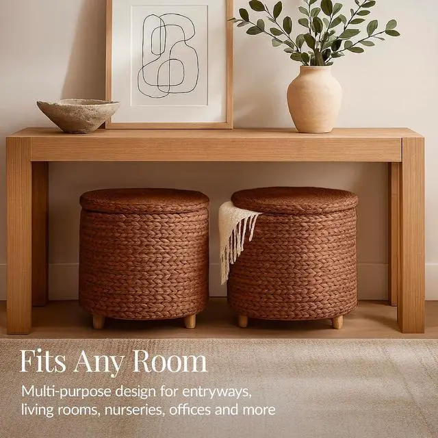 Alt view image 5 of 7 - 17" Round Storage Ottoman W/Lid, Handwoven Water Hyacinth Footstool, Footrest w/Wooden Legs, Accent Side Table, Storage Container, Plant Stand - Chestnut