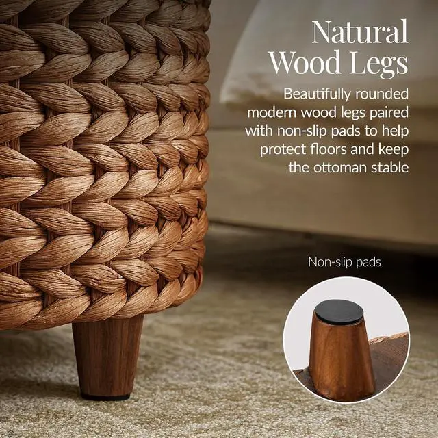Alt view image 7 of 7 - 17" Round Storage Ottoman W/Lid, Handwoven Water Hyacinth Footstool, Footrest w/Wooden Legs, Accent Side Table, Storage Container, Plant Stand - Chestnut