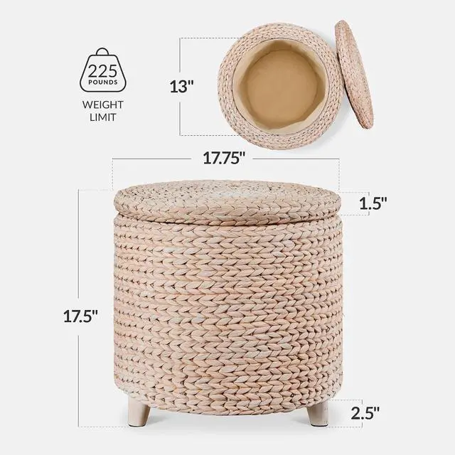 Alt view image 2 of 7 - 17" Round Storage Ottoman W/Lid, Handwoven Water Hyacinth Footstool, Footrest w/Wooden Legs, Accent Side Table, Storage Container, Plant Stand - Whitewash