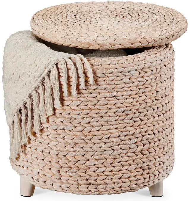 Main image of 17" Round Storage Ottoman W/Lid, Handwoven Water Hyacinth Footstool, Footrest w/Wooden Legs, Accent Side Table, Storage Container, Plant Stand - Whitewash