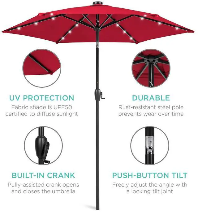 Alt view image 5 of 7 - 7.5ft Solar Umbrella LED Lighted Patio Umbrella, Table Market Umbrella with Tilt and Crank, Outdoor Umbrella for Garden, Deck, Backyard, Pool and Beach - Red