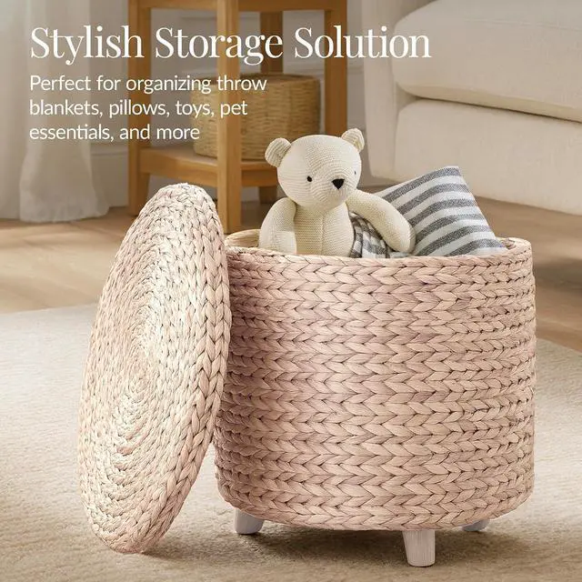 Alt view image 3 of 7 - 17" Round Storage Ottoman W/Lid, Handwoven Water Hyacinth Footstool, Footrest w/Wooden Legs, Accent Side Table, Storage Container, Plant Stand - Whitewash