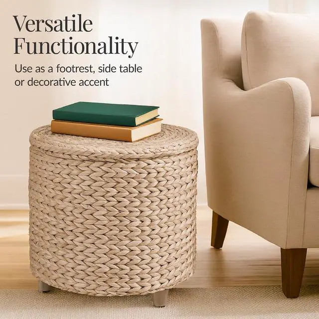 Alt view image 6 of 7 - 17" Round Storage Ottoman W/Lid, Handwoven Water Hyacinth Footstool, Footrest w/Wooden Legs, Accent Side Table, Storage Container, Plant Stand - Whitewash