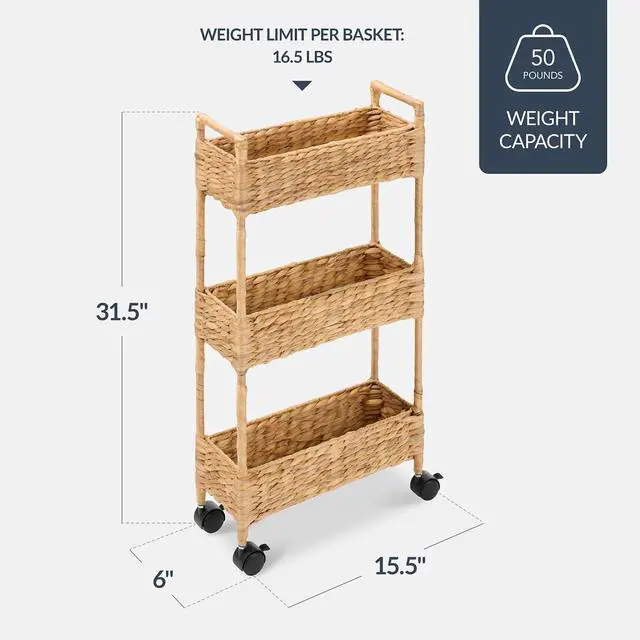 Alt view image 2 of 7 - 3-Tier Slim Water Hyacinth Rolling Nursery Caddy w/Wheels, Handwoven Utility Cart, Narrow Storage Organization for Bathroom, Craft Room, Laundry Room - Natural