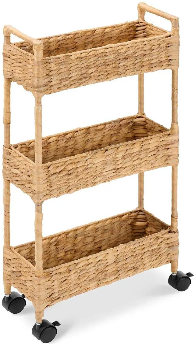 Main image of 3-Tier Slim Water Hyacinth Rolling Nursery Caddy w/Wheels, Handwoven Utility Cart, Narrow Storage Organization for Bathroom, Craft Room, Laundry Room - Natural