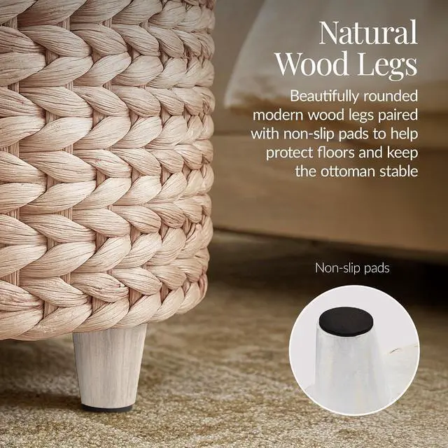 Alt view image 7 of 7 - 17" Round Storage Ottoman W/Lid, Handwoven Water Hyacinth Footstool, Footrest w/Wooden Legs, Accent Side Table, Storage Container, Plant Stand - Whitewash