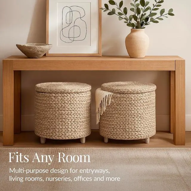 Alt view image 5 of 7 - 17" Round Storage Ottoman W/Lid, Handwoven Water Hyacinth Footstool, Footrest w/Wooden Legs, Accent Side Table, Storage Container, Plant Stand - Whitewash
