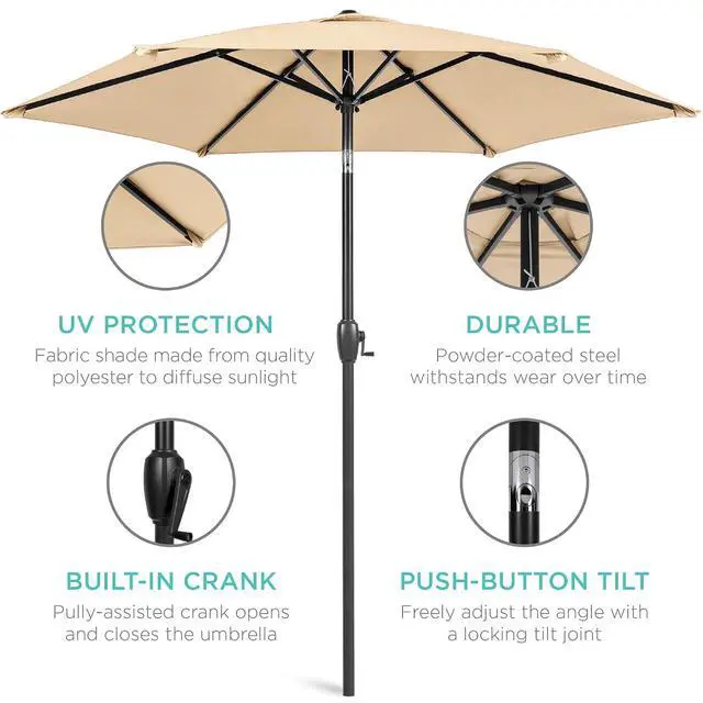 Alt view image 5 of 7 - 7.5ft Heavy-Duty Round Outdoor Market Table Patio Umbrella w/Steel Pole, Push Button Tilt, Easy Crank Lift - Sand
