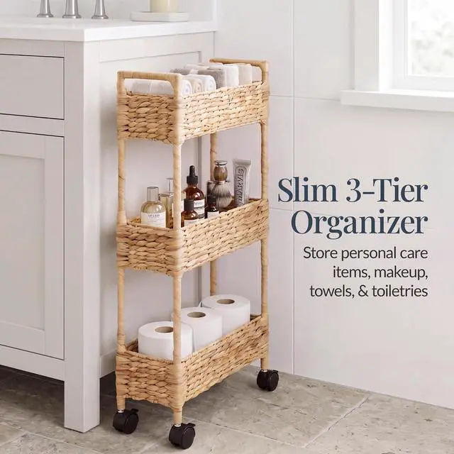 Alt view image 3 of 7 - 3-Tier Slim Water Hyacinth Rolling Nursery Caddy w/Wheels, Handwoven Utility Cart, Narrow Storage Organization for Bathroom, Craft Room, Laundry Room - Natural