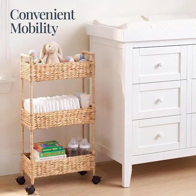 Alt view image 5 of 7 - 3-Tier Slim Water Hyacinth Rolling Nursery Caddy w/Wheels, Handwoven Utility Cart, Narrow Storage Organization for Bathroom, Craft Room, Laundry Room - Natural