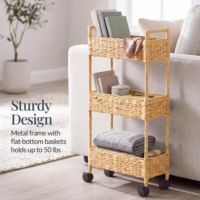 Alt view image 6 of 7 - 3-Tier Slim Water Hyacinth Rolling Nursery Caddy w/Wheels, Handwoven Utility Cart, Narrow Storage Organization for Bathroom, Craft Room, Laundry Room - Natural