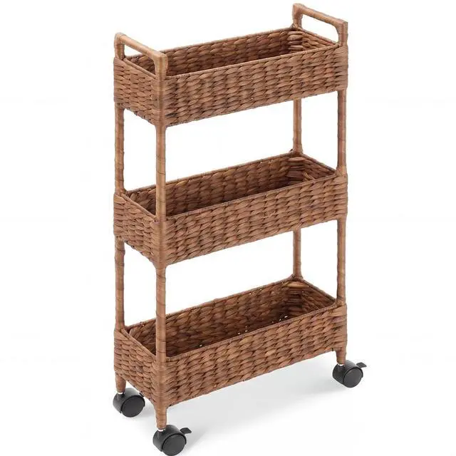 Main image of 3-Tier Slim Water Hyacinth Rolling Nursery Caddy w/Wheels, Handwoven Utility Cart, Narrow Storage Organization for Bathroom, Craft Room, Laundry Room - Chestnut