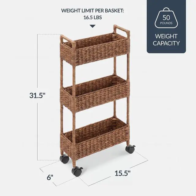 Alt view image 2 of 7 - 3-Tier Slim Water Hyacinth Rolling Nursery Caddy w/Wheels, Handwoven Utility Cart, Narrow Storage Organization for Bathroom, Craft Room, Laundry Room - Chestnut