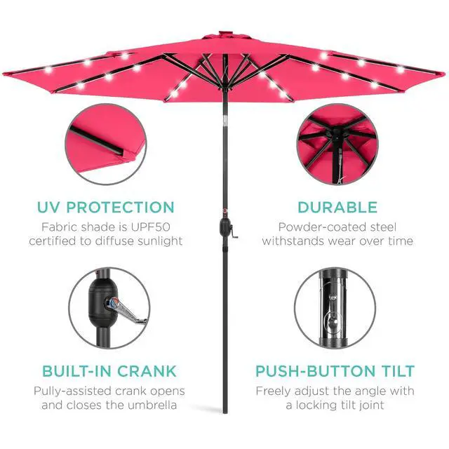 Alt view image 5 of 7 - 10ft Solar Polyester LED Lighted Patio Umbrella w/Tilt Adjustment and UV-Resistant Fabric - Hot Pink