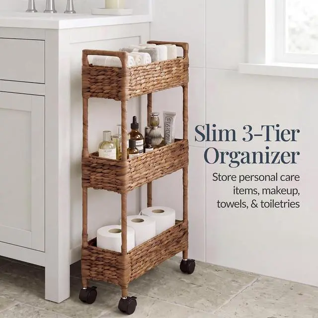 Alt view image 3 of 7 - 3-Tier Slim Water Hyacinth Rolling Nursery Caddy w/Wheels, Handwoven Utility Cart, Narrow Storage Organization for Bathroom, Craft Room, Laundry Room - Chestnut