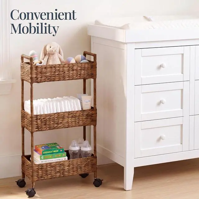 Alt view image 5 of 7 - 3-Tier Slim Water Hyacinth Rolling Nursery Caddy w/Wheels, Handwoven Utility Cart, Narrow Storage Organization for Bathroom, Craft Room, Laundry Room - Chestnut
