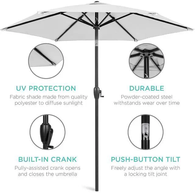Alt view image 5 of 7 - 7.5ft Heavy-Duty Round Outdoor Market Table Patio Umbrella w/Steel Pole, Push Button Tilt, Easy Crank Lift - Fog Gray