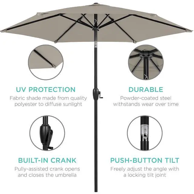 Alt view image 5 of 7 - 7.5ft Heavy-Duty Round Outdoor Market Table Patio Umbrella w/Steel Pole, Push Button Tilt, Easy Crank Lift - Beige