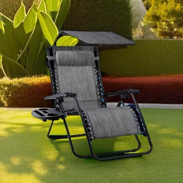 Alt view image 2 of 7 - Folding Zero Gravity Outdoor Recliner Patio Lounge Chair w/Adjustable Canopy Shade, Headrest, Side Accessory Tray, Textilene Mesh - Gray