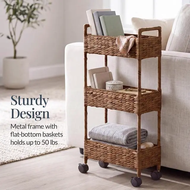 Alt view image 6 of 7 - 3-Tier Slim Water Hyacinth Rolling Nursery Caddy w/Wheels, Handwoven Utility Cart, Narrow Storage Organization for Bathroom, Craft Room, Laundry Room - Chestnut