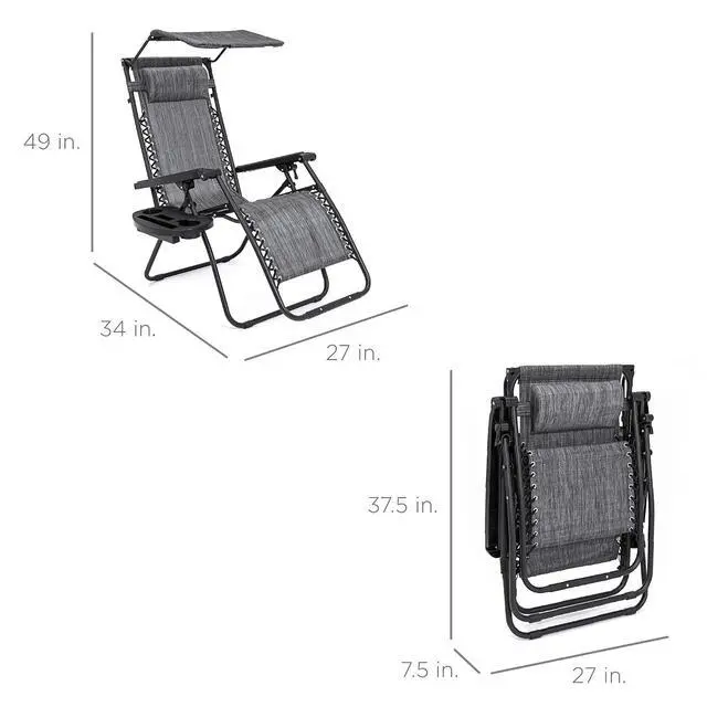 Alt view image 3 of 7 - Folding Zero Gravity Outdoor Recliner Patio Lounge Chair w/Adjustable Canopy Shade, Headrest, Side Accessory Tray, Textilene Mesh - Gray
