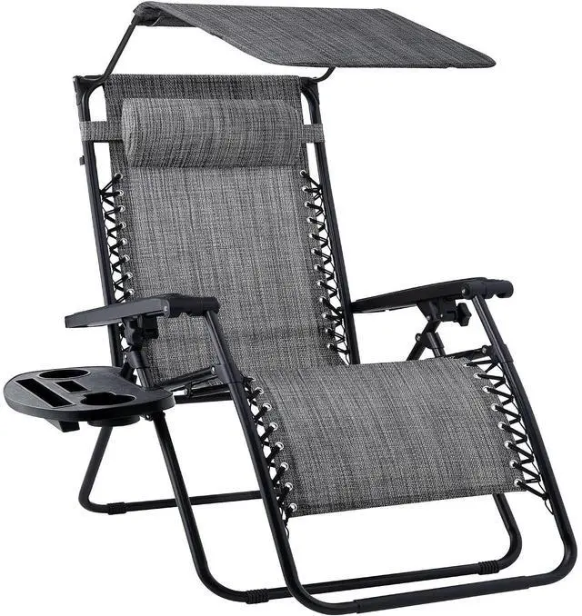 Main image of Folding Zero Gravity Outdoor Recliner Patio Lounge Chair w/Adjustable Canopy Shade, Headrest, Side Accessory Tray, Textilene Mesh - Gray