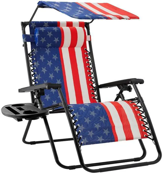 Main image of Folding Zero Gravity Outdoor Recliner Patio Lounge Chair w/Adjustable Canopy Shade, Headrest, Side Accessory Tray, Textilene Mesh - American Flag