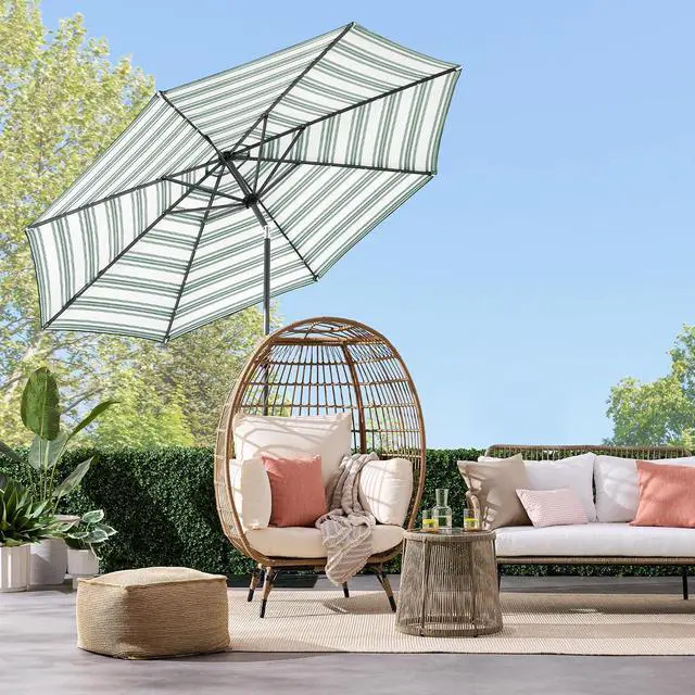 Alt view image 2 of 7 - 10ft Solar Polyester LED Lighted Patio Umbrella w/Tilt Adjustment and UV-Resistant Fabric - Striped Green