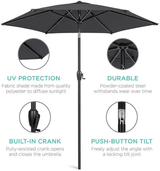 Alt view image 5 of 7 - 7.5ft Heavy-Duty Round Outdoor Market Table Patio Umbrella w/Steel Pole, Push Button Tilt, Easy Crank Lift - Gray