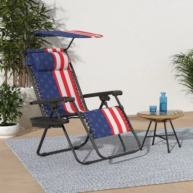 Alt view image 2 of 7 - Folding Zero Gravity Outdoor Recliner Patio Lounge Chair w/Adjustable Canopy Shade, Headrest, Side Accessory Tray, Textilene Mesh - American Flag