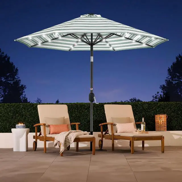 Alt view image 5 of 7 - 10ft Solar Polyester LED Lighted Patio Umbrella w/Tilt Adjustment and UV-Resistant Fabric - Striped Green