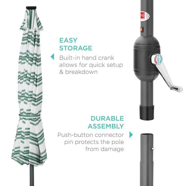 Alt view image 6 of 7 - 10ft Solar Polyester LED Lighted Patio Umbrella w/Tilt Adjustment and UV-Resistant Fabric - Striped Green
