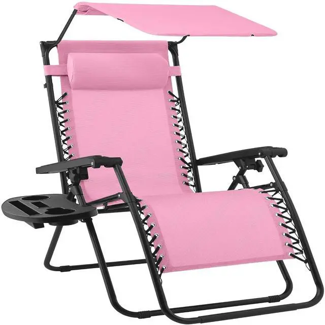 Main image of 30 Wide Folding Zero Gravity Outdoor Recliner Patio Lounge Chair w/Adjustable Canopy Shade, Headrest, Side Accessory Tray - Carnation