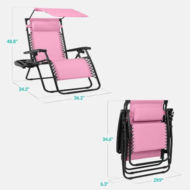 Alt view image 2 of 7 - 30 Wide Folding Zero Gravity Outdoor Recliner Patio Lounge Chair w/Adjustable Canopy Shade, Headrest, Side Accessory Tray - Carnation