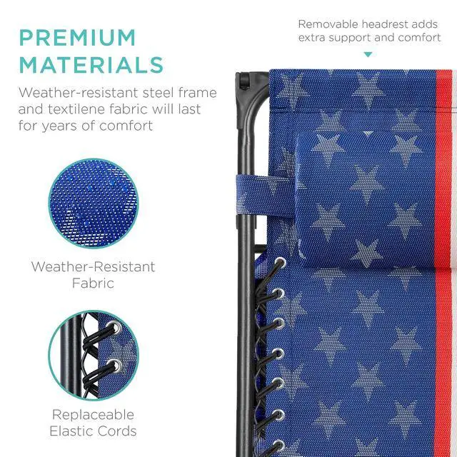 Alt view image 6 of 7 - Folding Zero Gravity Outdoor Recliner Patio Lounge Chair w/Adjustable Canopy Shade, Headrest, Side Accessory Tray, Textilene Mesh - American Flag