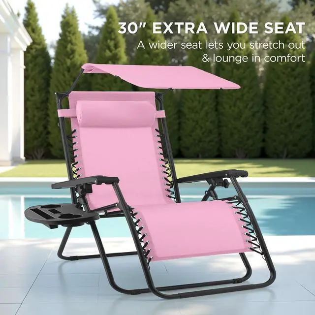 Alt view image 3 of 7 - 30 Wide Folding Zero Gravity Outdoor Recliner Patio Lounge Chair w/Adjustable Canopy Shade, Headrest, Side Accessory Tray - Carnation