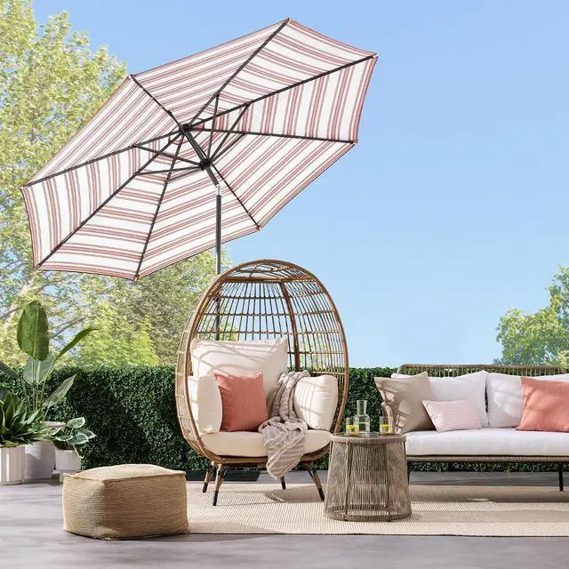 Alt view image 2 of 7 - 10ft Solar Polyester LED Lighted Patio Umbrella w/Tilt Adjustment and UV-Resistant Fabric - Striped Rust