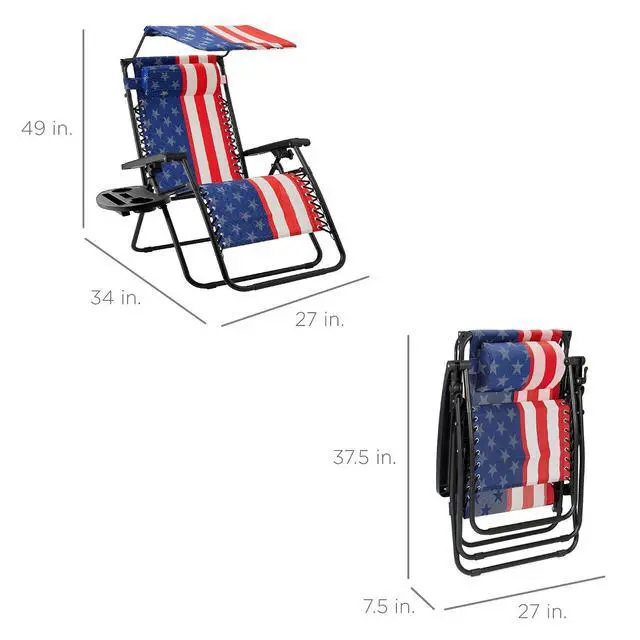 Alt view image 3 of 7 - Folding Zero Gravity Outdoor Recliner Patio Lounge Chair w/Adjustable Canopy Shade, Headrest, Side Accessory Tray, Textilene Mesh - American Flag