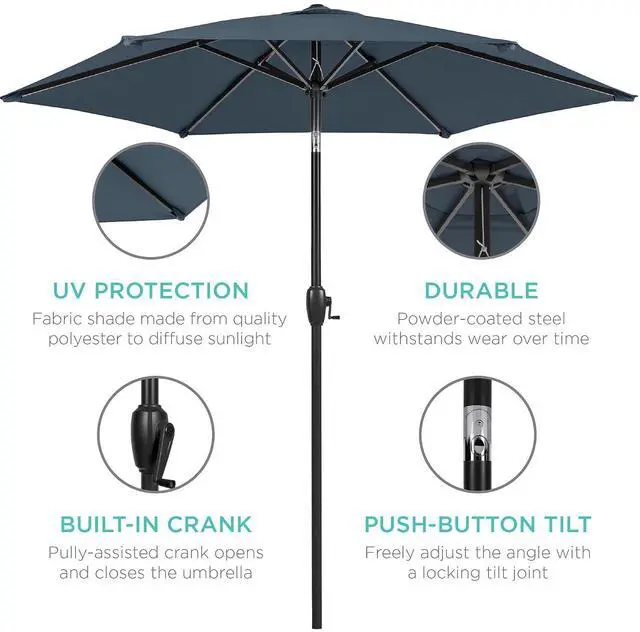 Alt view image 5 of 7 - 7.5ft Heavy-Duty Round Outdoor Market Table Patio Umbrella w/Steel Pole, Push Button Tilt, Easy Crank Lift - Slate Blue