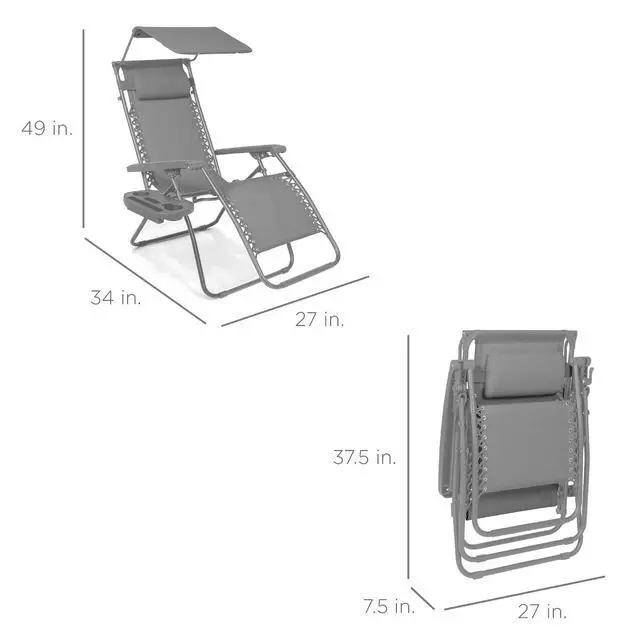 Alt view image 2 of 7 - Folding Zero Gravity Outdoor Recliner Patio Lounge Chair w/Adjustable Canopy Shade, Headrest, Side Accessory Tray, Textilene Mesh - Dove Gray