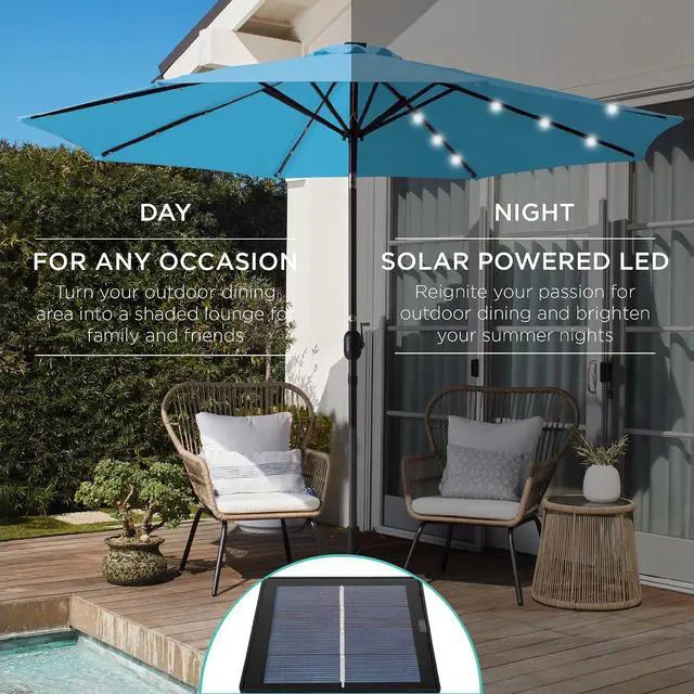 Alt view image 3 of 7 - 10ft Solar Polyester LED Lighted Patio Umbrella w/Tilt Adjustment and UV-Resistant Fabric - Sky Blue