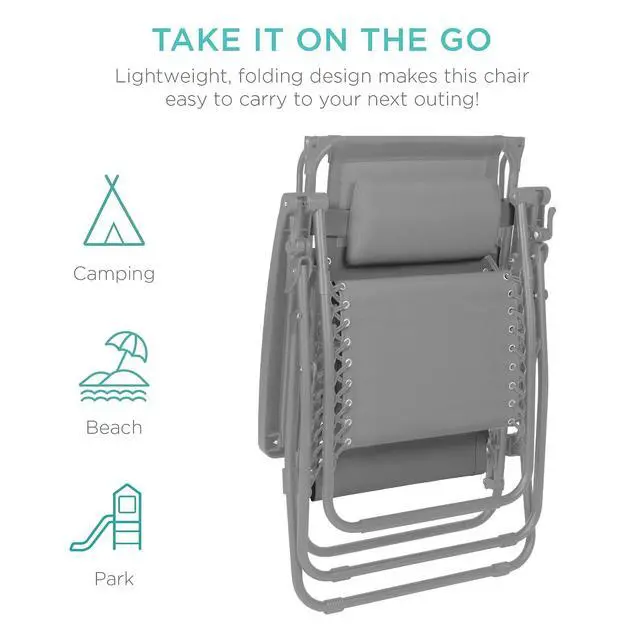 Alt view image 7 of 7 - Folding Zero Gravity Outdoor Recliner Patio Lounge Chair w/Adjustable Canopy Shade, Headrest, Side Accessory Tray, Textilene Mesh - Dove Gray