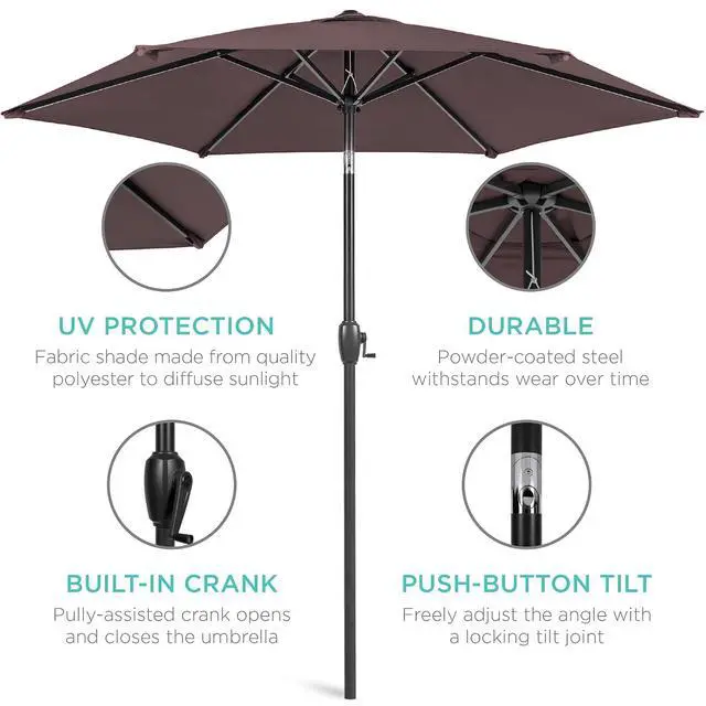 Alt view image 5 of 7 - 7.5ft Heavy-Duty Round Outdoor Market Table Patio Umbrella w/Steel Pole, Push Button Tilt, Easy Crank Lift - Deep Taupe