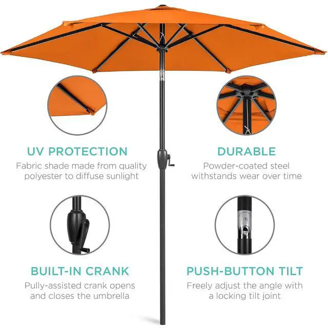 Alt view image 5 of 7 - 7.5ft Heavy-Duty Round Outdoor Market Table Patio Umbrella w/Steel Pole, Push Button Tilt, Easy Crank Lift - Orange