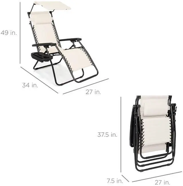 Alt view image 3 of 7 - Folding Zero Gravity Outdoor Recliner Patio Lounge Chair w/Adjustable Canopy Shade, Headrest, Side Accessory Tray, Textilene Mesh - Ivory