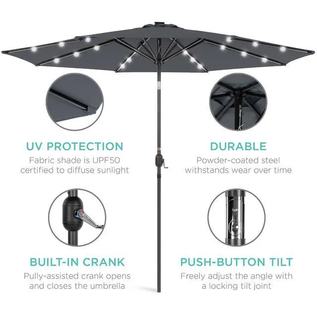 Alt view image 5 of 7 - 10ft Solar Polyester LED Lighted Patio Umbrella w/Tilt Adjustment and UV-Resistant Fabric - Slate