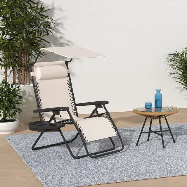 Alt view image 2 of 7 - Folding Zero Gravity Outdoor Recliner Patio Lounge Chair w/Adjustable Canopy Shade, Headrest, Side Accessory Tray, Textilene Mesh - Ivory