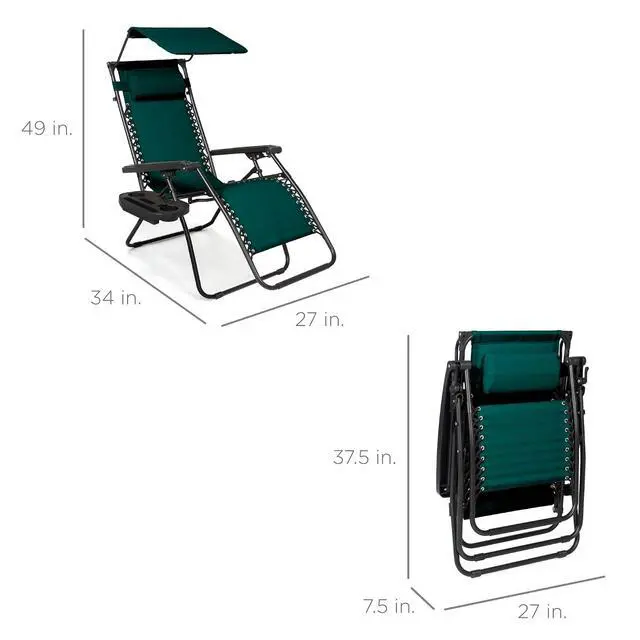 Alt view image 3 of 7 - Folding Zero Gravity Outdoor Recliner Patio Lounge Chair w/Adjustable Canopy Shade, Headrest, Side Accessory Tray, Textilene Mesh - Forest Green